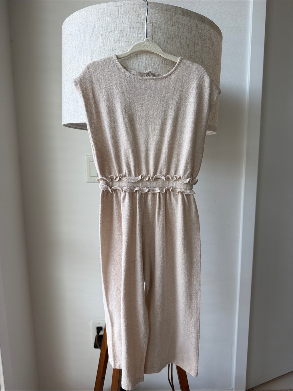 Zara Cream Beige Knit Jumpsuit With Ruffled Waist